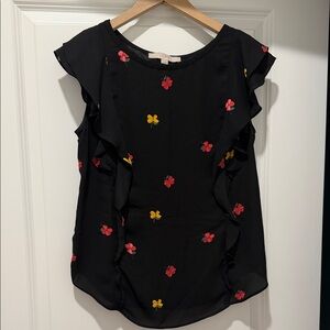 LOFT Black Top with Red and Yellow Floral Design